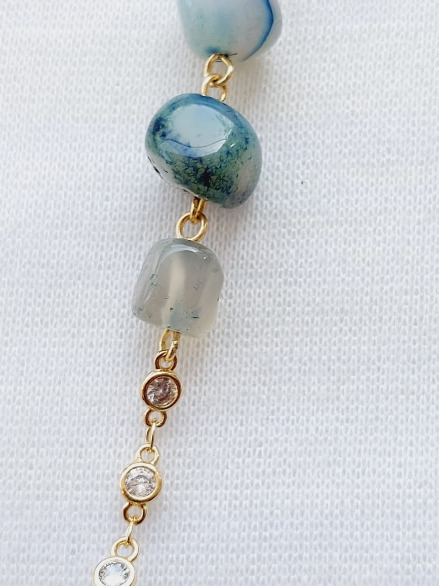 Colorful Glass Beads and American Diamond Set - Elegant jewelry piece with a mix of blue and gray glass beads, complemented by sparkling American diamond accents.