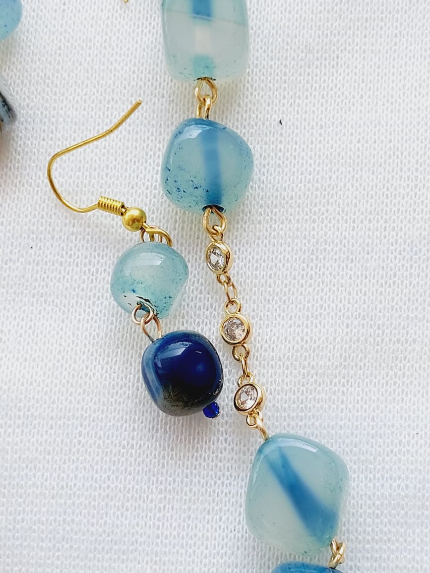 Blue Glass Beads American Diamond Set - Elegant gold-toned earrings showcasing blue glass beads and diamond-like accents, creating a stylish accessory from the Mugdha Jewellery Store.