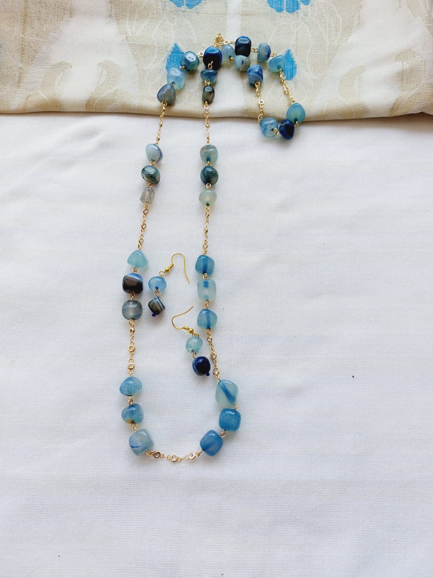 Elegant blue glass bead American diamond necklace and earring set from Mugdha Jewellery Store