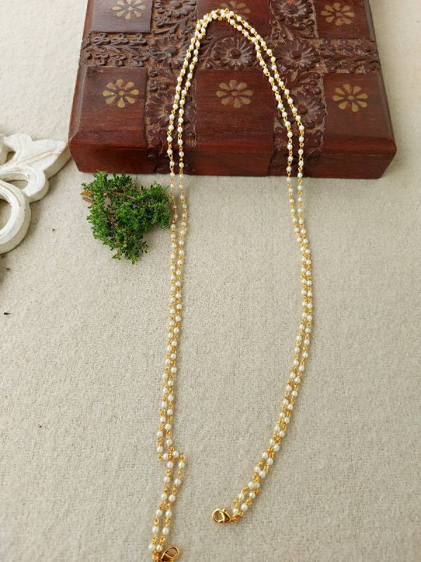 2 Layer Rice Pearl Chain, Gold-Toned Necklace with Intricate Floral Design