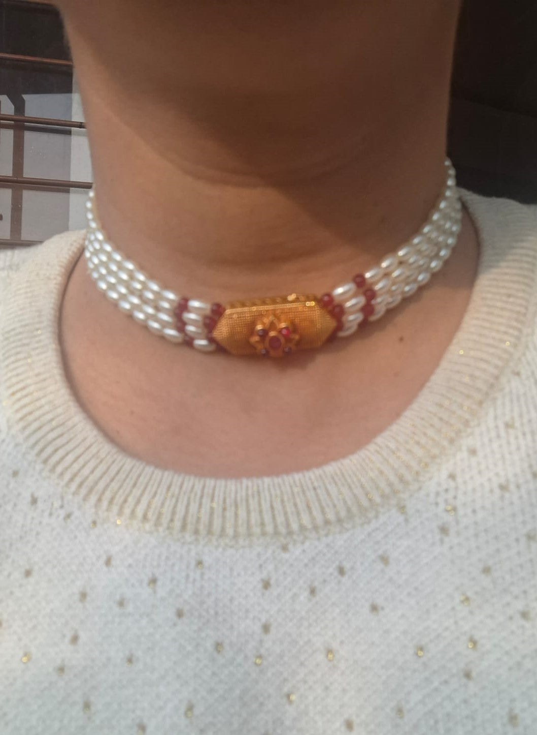 Elegant Multi-Strand Pearl Choker with Amber Centerpiece