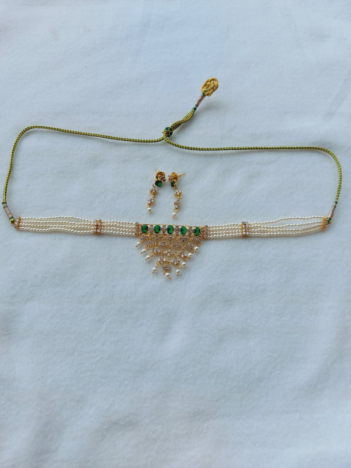 Elegant Green White American Diamond Flower Choker Necklace from Mugdha Jewellery Store