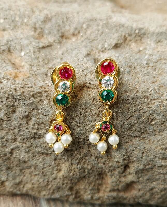 Multicolour Stones Gadi ChinchPeti - Elegant Gold-Tone Earrings with Vibrant Gemstones and Pearls