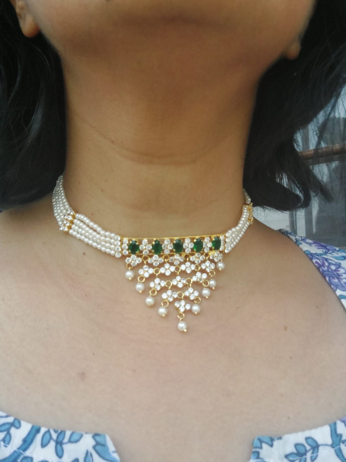 Green and White American Diamond Flower Designer Choker Necklace