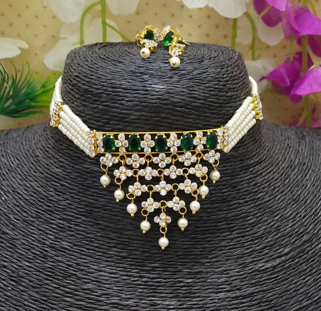 Green White American Diamond Flower Designer Chocker from Mugdha Jewellery Store
