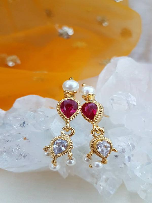Elegant Heart-Shaped Ruby and Pearl Earrings from Mugdha Jewellery Store