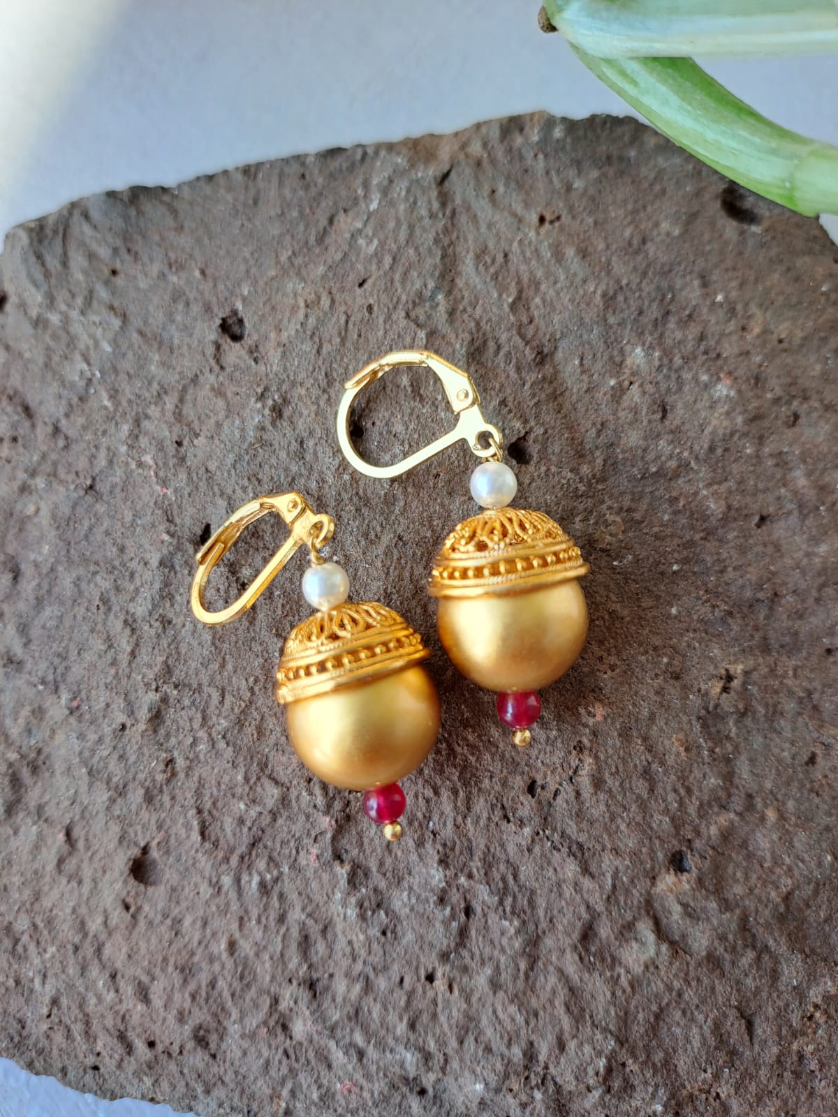 Golden and Red Bead Dangler Earrings from Mugdha Jewellery Store