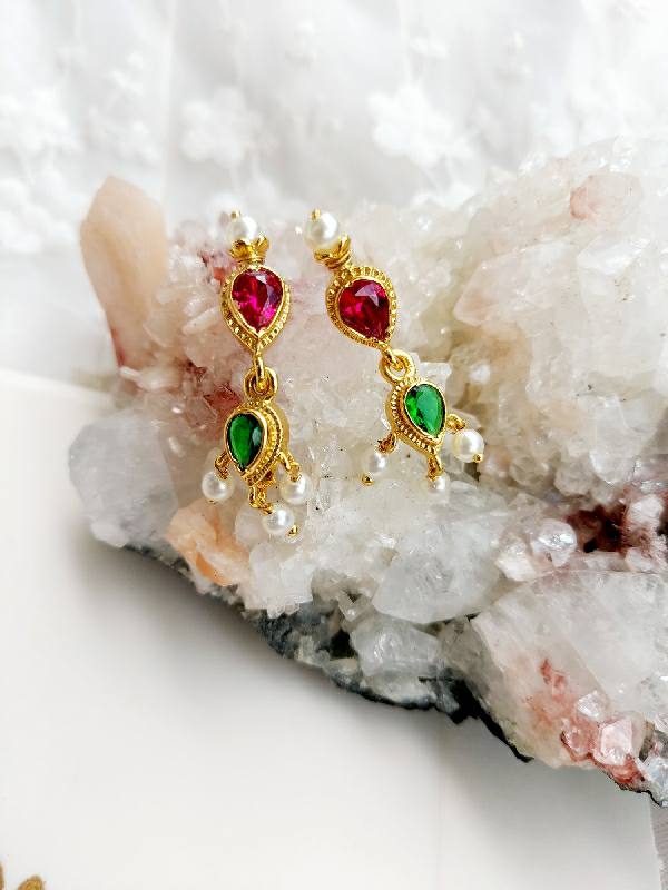 Multicolor Tanmani Earrings with Vibrant Gemstones on Quartz Crystal