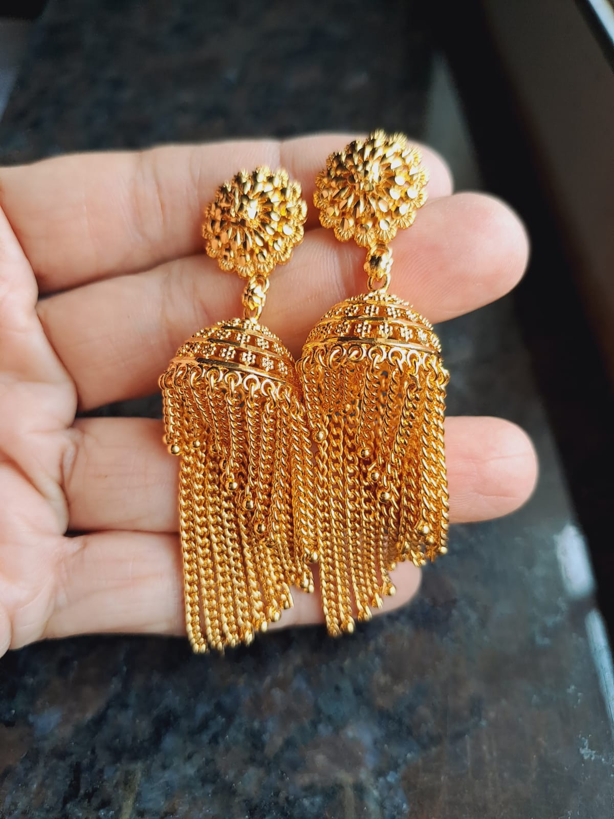 Golden Designer Danglers with Intricate Floral Motifs and Cascading Tassels