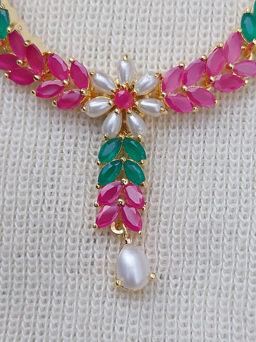 Delicate Multicolored Flower and Leaf Pendant Necklace with Pearls from Mugdha Jewellery Store
