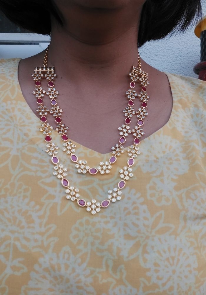 Elegant Layered Necklace with Sparkling American Diamonds and Ruby-Colored CZ Stones