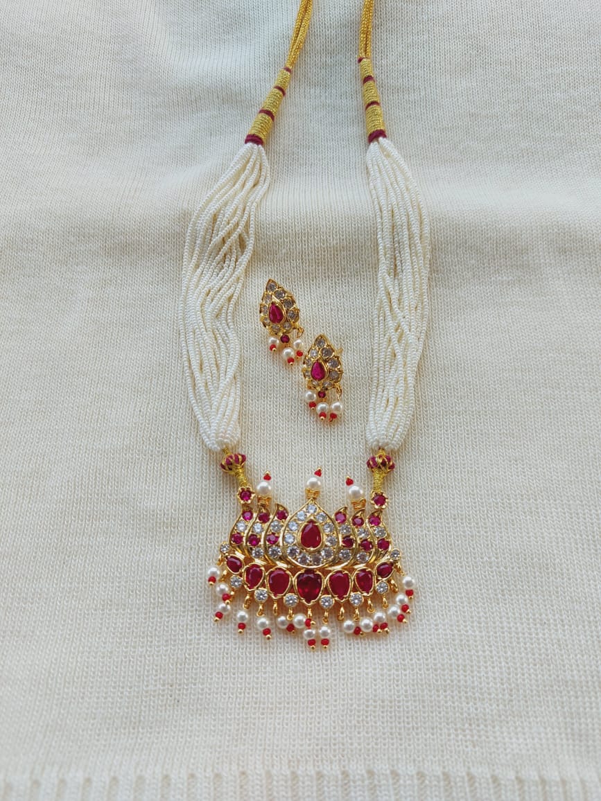 Elegant Designer Small Pearl Tanmani Necklace with Vibrant Jewel-Encrusted Pendant on White Background