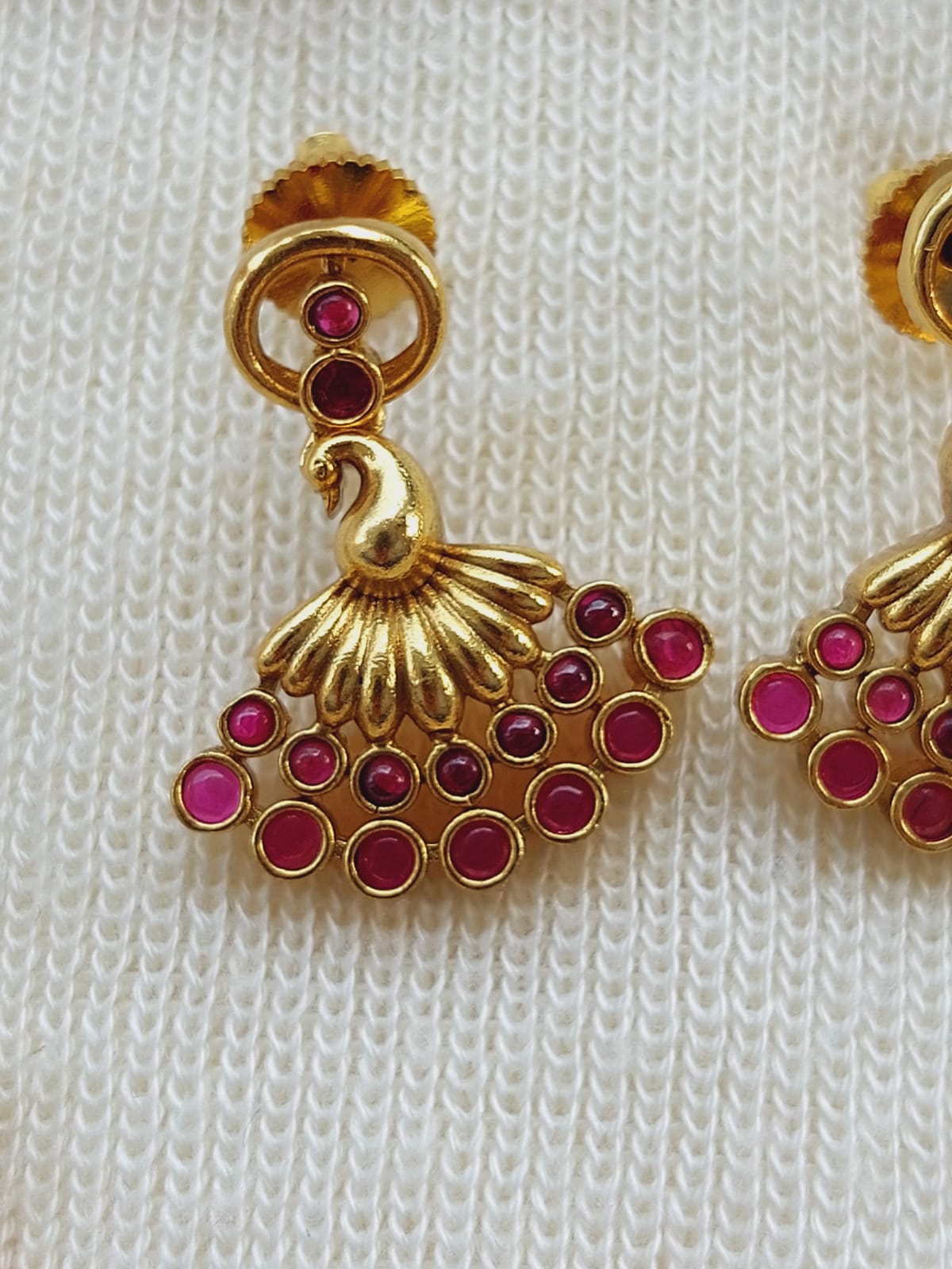 Elegant Peacock Pota Mani Designer Set - Gold and Ruby Gemstone Earrings from Mugdha Jewellery Store