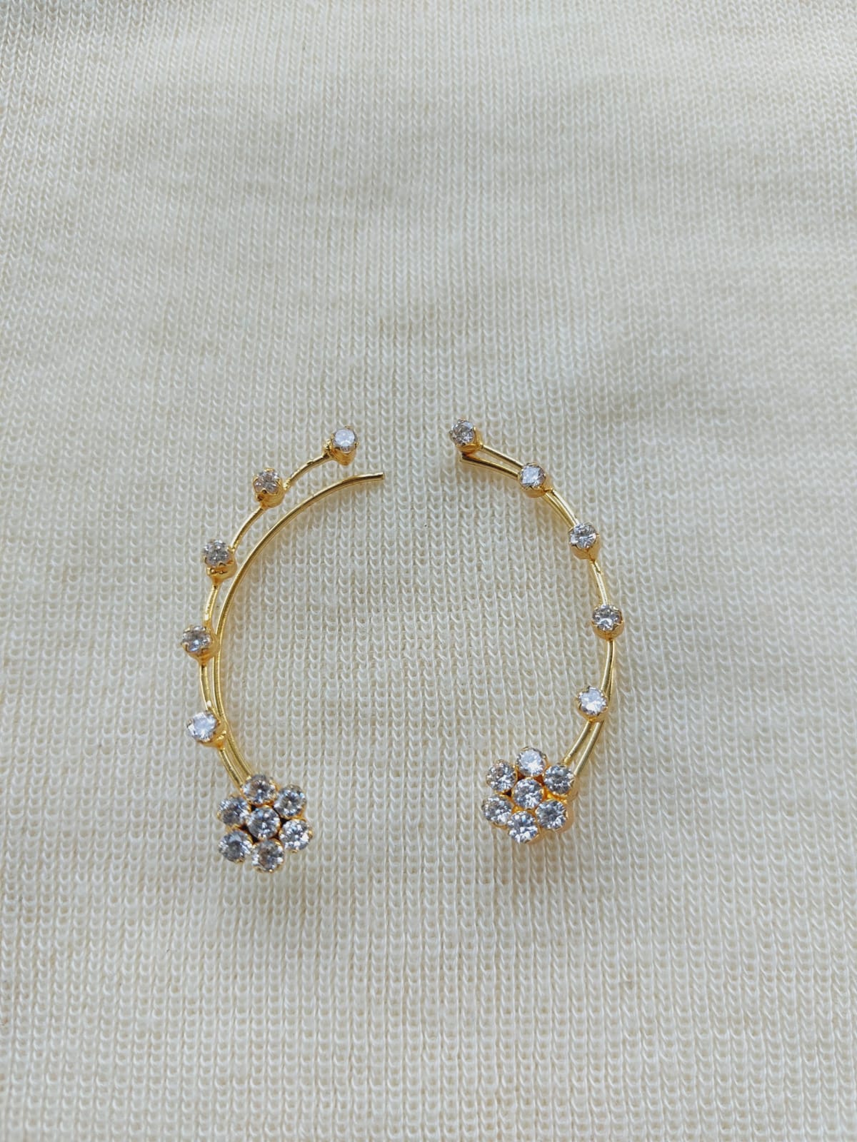 Elegant gold-tone metal earcuffs with sparkling crystal clusters, showcasing a stylish and fashionable accessory from the Mugdha Jewellery Store.