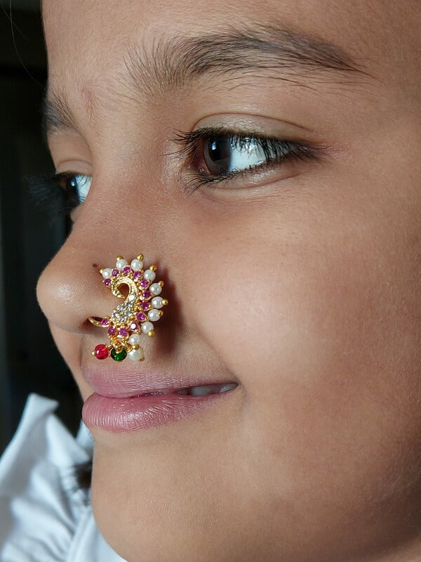 Ornate Peacock Nath Nose Jewelry with Gemstones