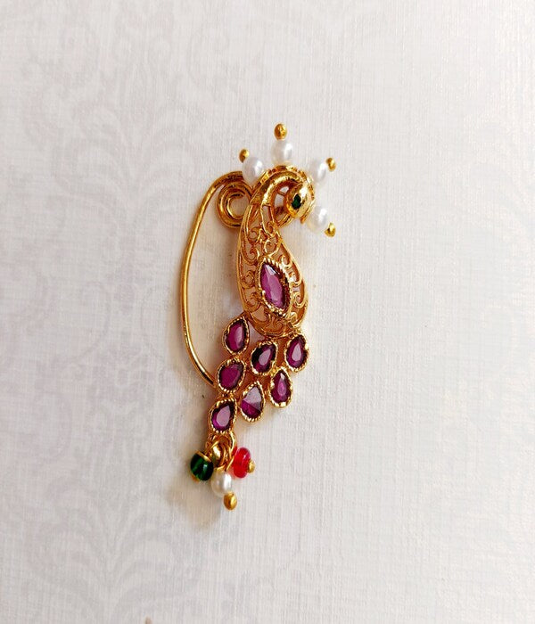Stunning Peacock Nath with Dark Pink Stones, Elegant Gold-Toned Jewellery Piece