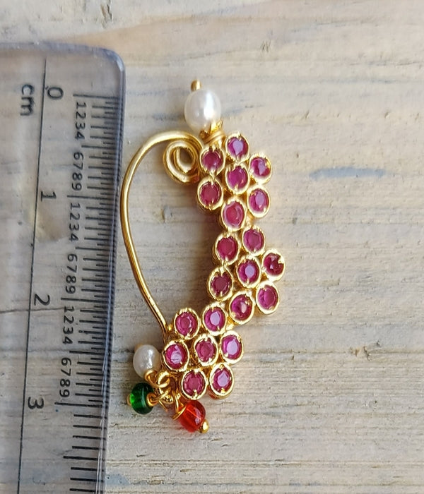 Triflower Nath with Dark Pink Stones, Elegant Floral Jewelry Accessory