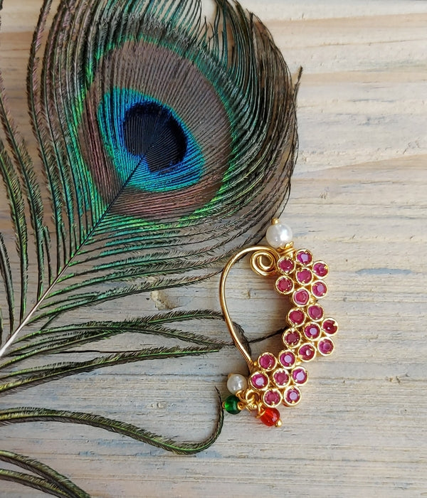 Vibrant Peacock Feather Adornment: Triflower Nath with Dark Pink Stones, Handcrafted Jewelry from Mugdha Jewellery Store