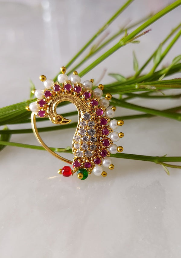 Ornate Peacock Nath Jewelry Piece with Gemstones