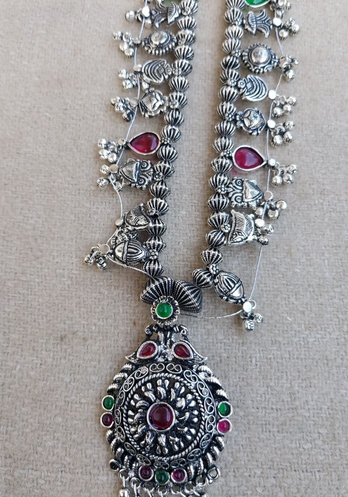 Ornate Oxidised Heavy Long Kolhapuri Saaj Necklace with Gemstones