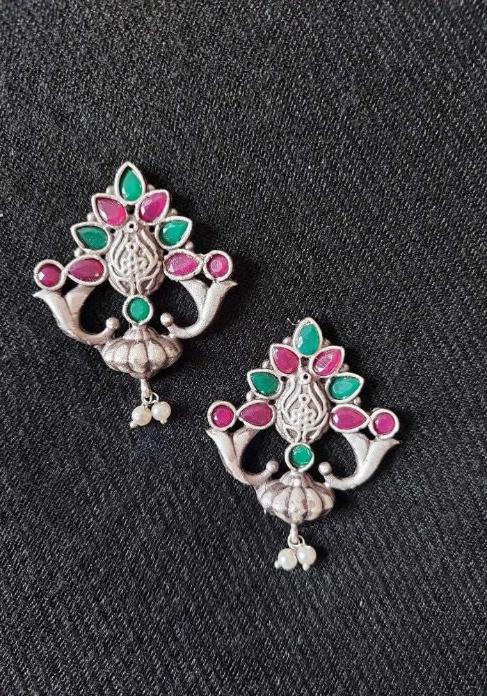 Multicolour Designer Oxidised Earrings with Floral Motif and Dangles
