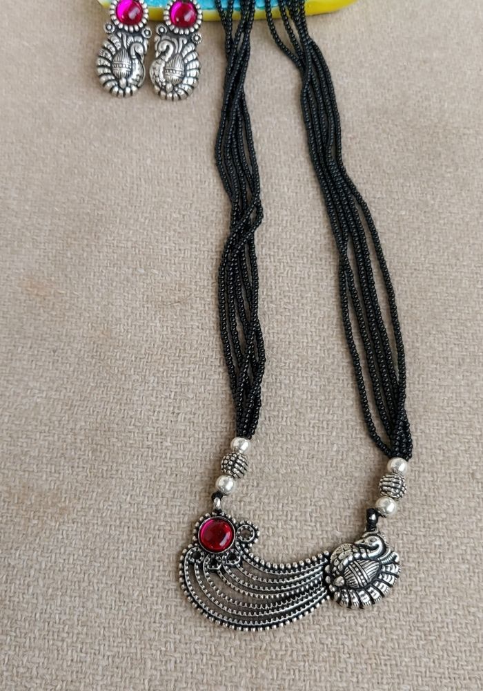 Oxidised Silver-Toned & Red Beaded Mangalsutra Necklace