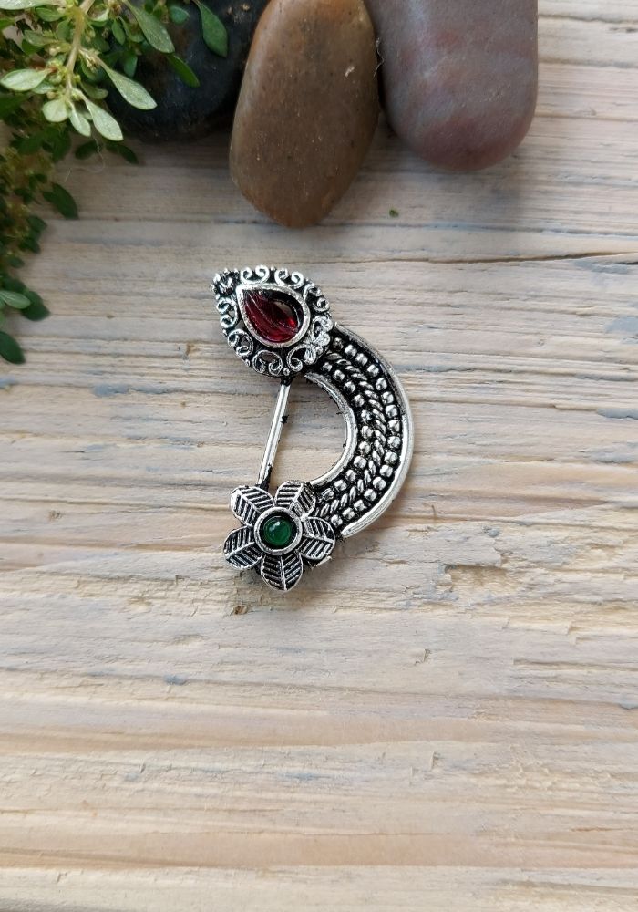 Ornate Oxidized Nath Nose Ring with Vibrant Gemstones