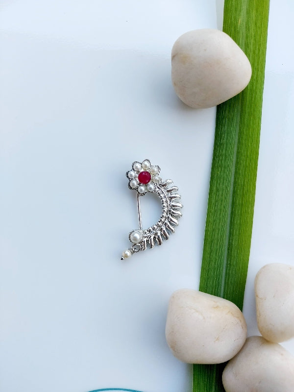 Oxidized Silver Floral Nath with Ruby Accent, Mugdha Jewellery Store
