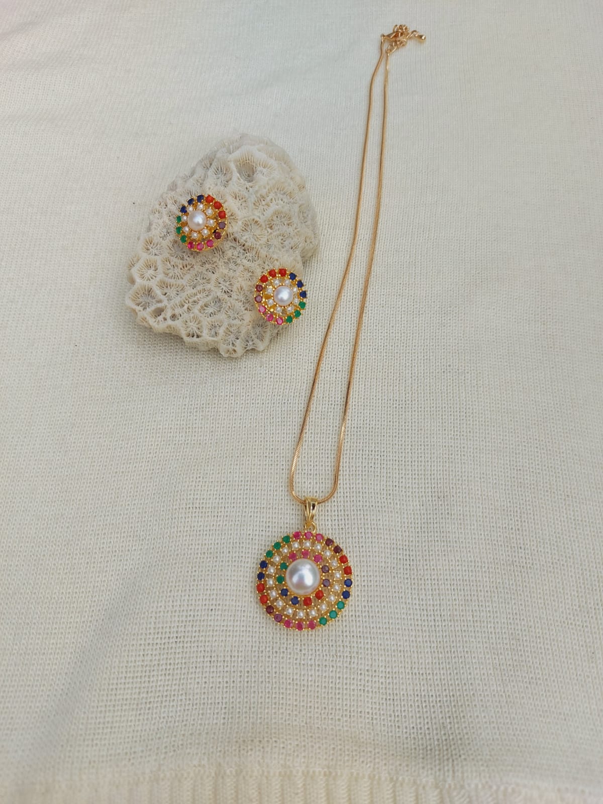 Elegant Navratna Pendant Set with Chain from Mugdha Jewellery Store