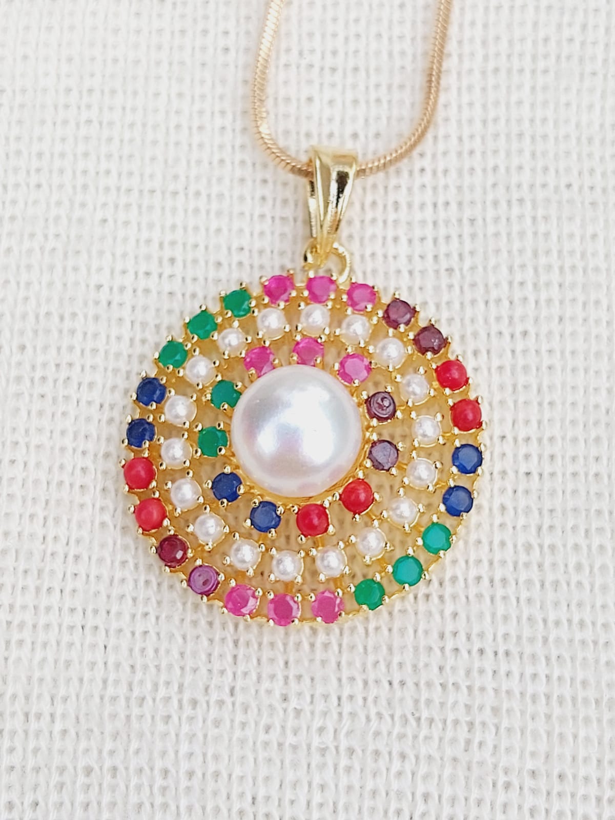 Colorful Navratna Pendant with Pearl Set on Gold Chain