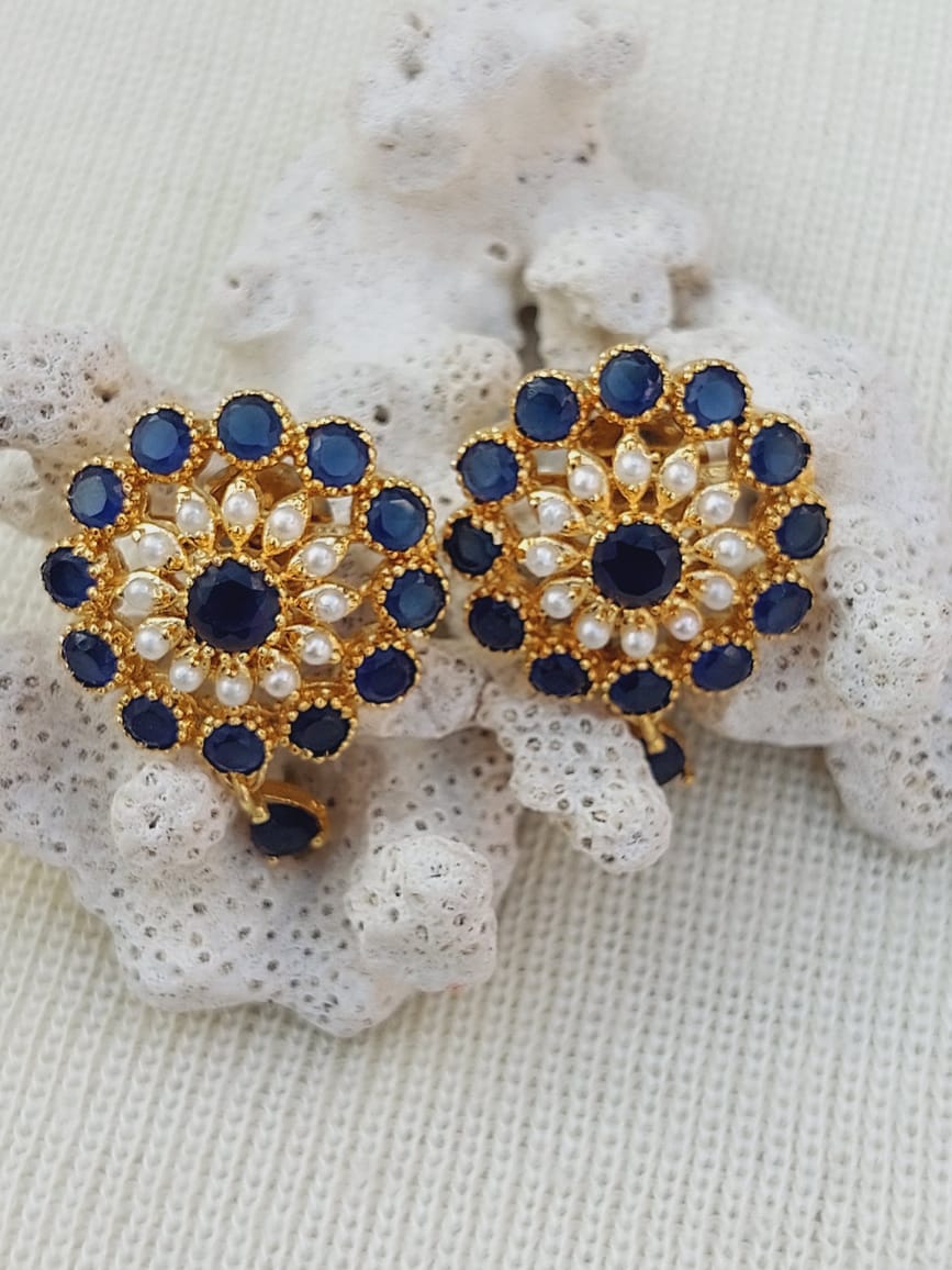 Luxurious Gold-Toned Floral Earrings with Dark Blue Stones and Pearls