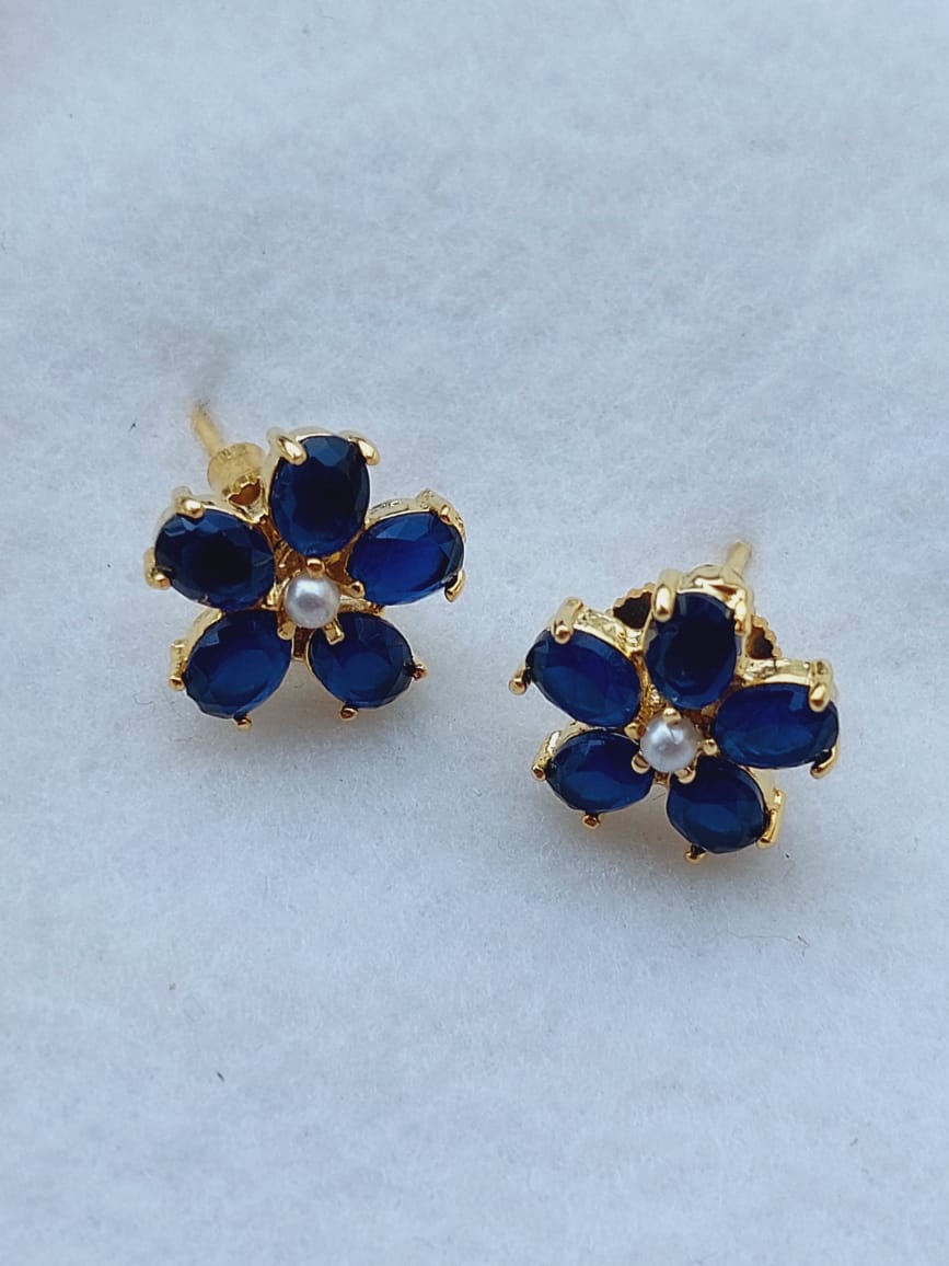 Dark Blue Flower Pearl Earrings, Elegant Gold-Framed Floral Jewelry Set
