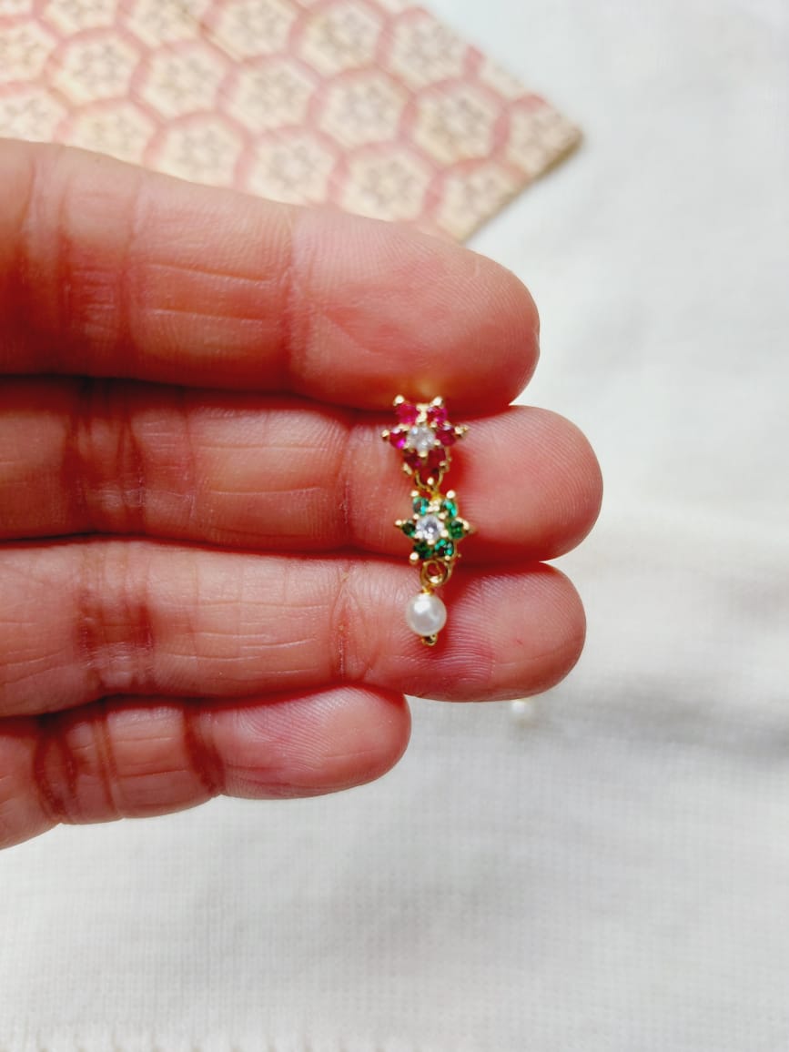 Multicolored Floral Earring Stud with Pearl Accent, Mugdha Jewellery Store