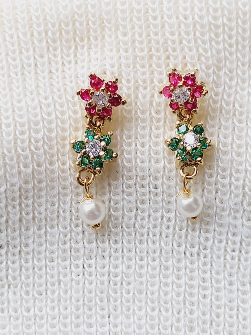 Multicoloured Flower Earrings with Ruby, Emerald, Diamond, and Pearl Accents