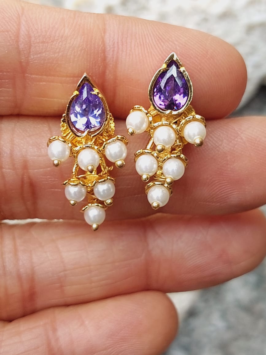 Elegant purple teardrop gemstone and pearl chandelier earrings from Mugdha Jewellery Store