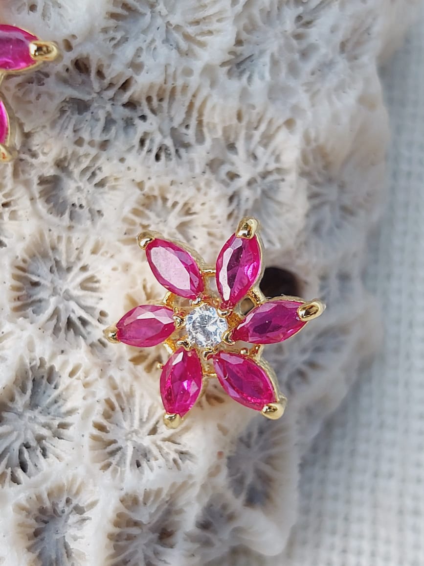 Dark pink stone star flower stud earrings from Mugdha Jewellery Store