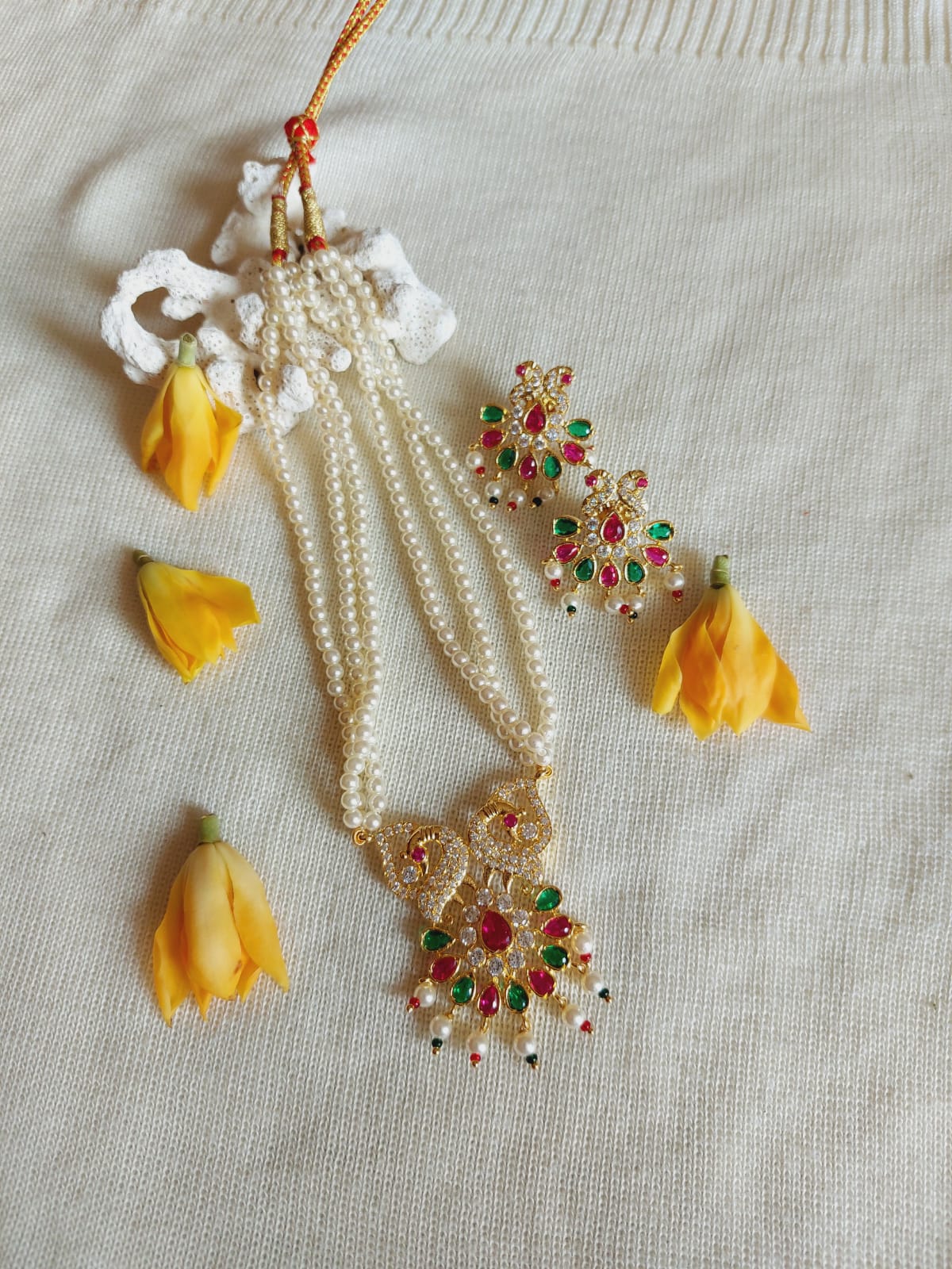 Multicoloured Peacock Tanmani with Pearls and Crystals