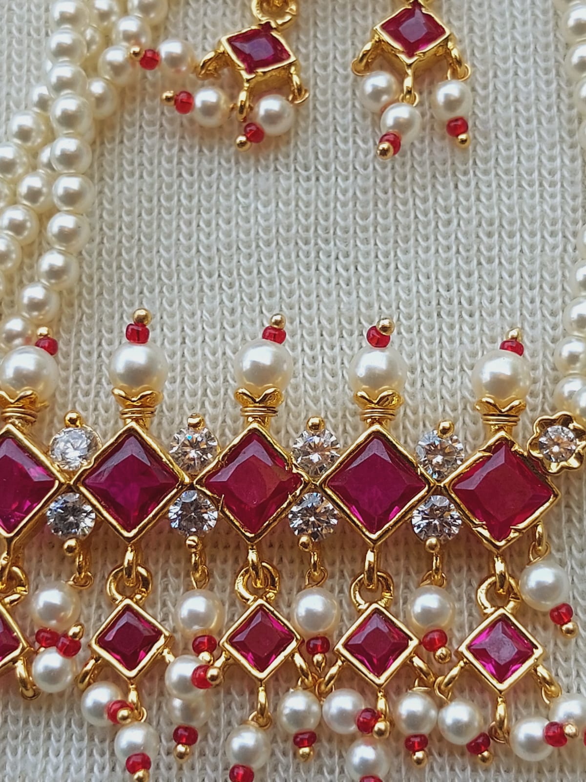 5-Stone Dark Pink and White Diamond Tanmani Necklace on White Textile