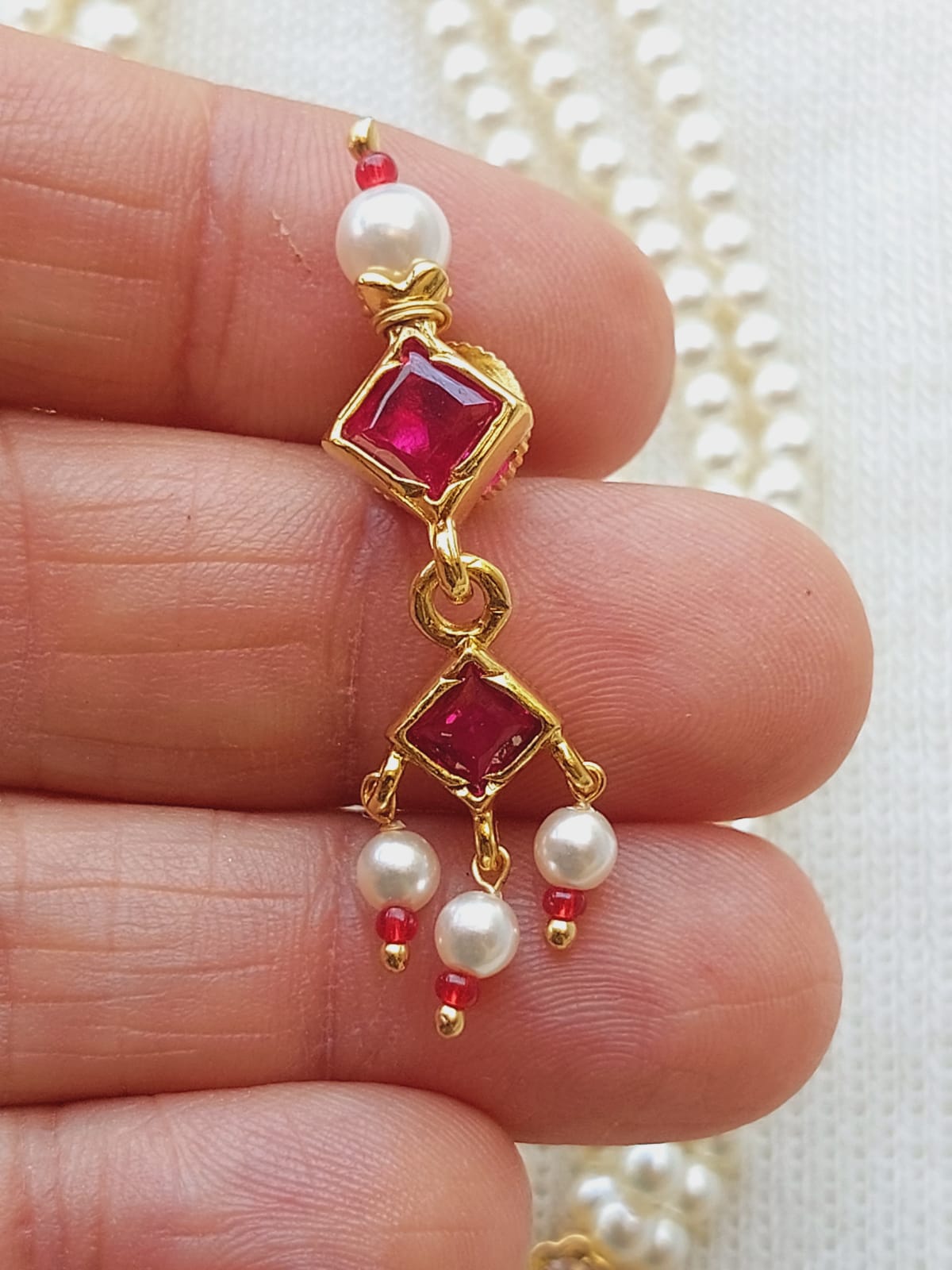 Elegant 5 Stone Dark Pink White Diamond Tanmani Pendant from Mugdha Jewellery Store