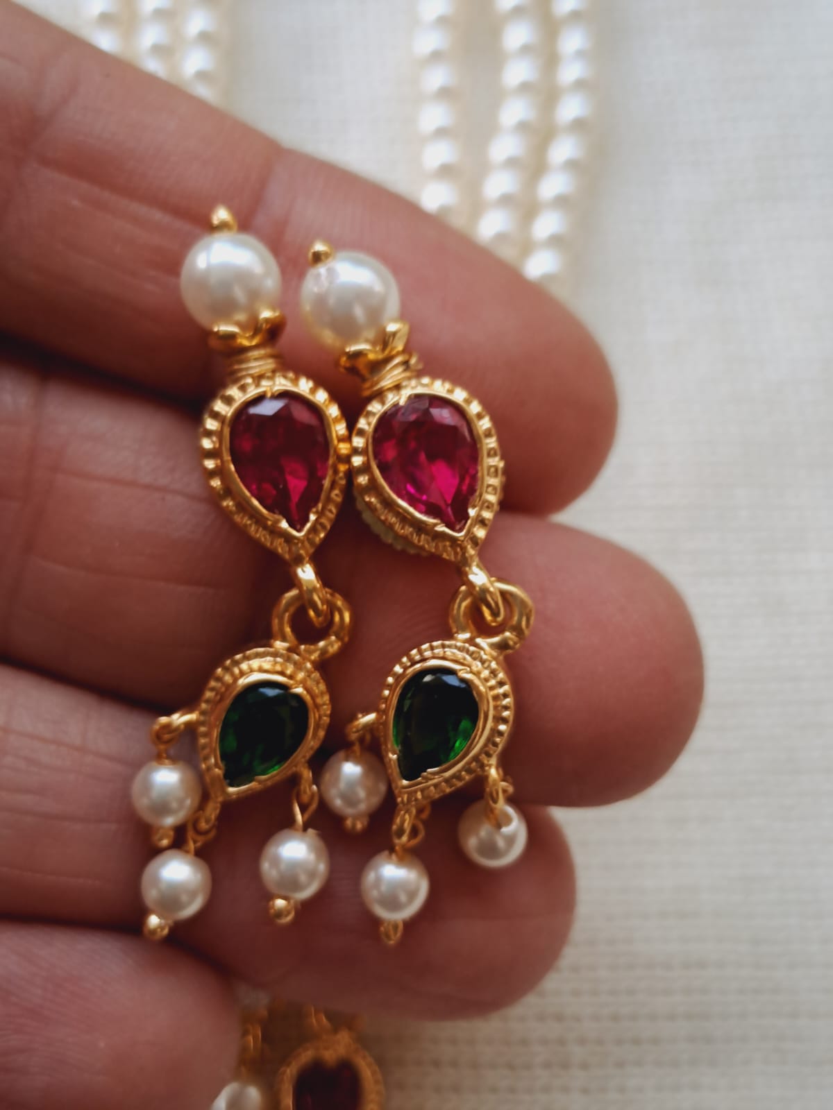 Multicoloured gemstone and pearl statement earrings from Mugdha Jewellery Store