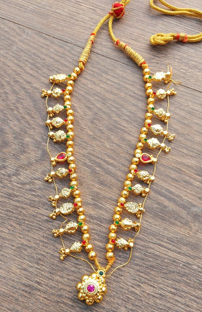 Simple Golden Bead Multicoloured Kolhapuri Saaj Short Necklace from Mugdha Jewellery Store