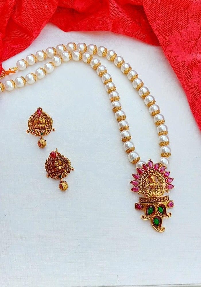 Intricate Goddess Laxmi Temple Jewellery Set with Pearl Necklace and Colorful Pendant, Mugdha Jewellery Store