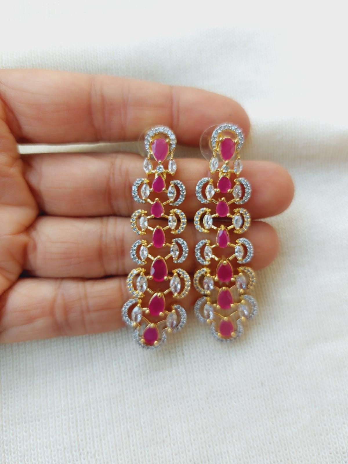 Sparkling American Diamond Designer Long Earrings with Vibrant Ruby Accents
