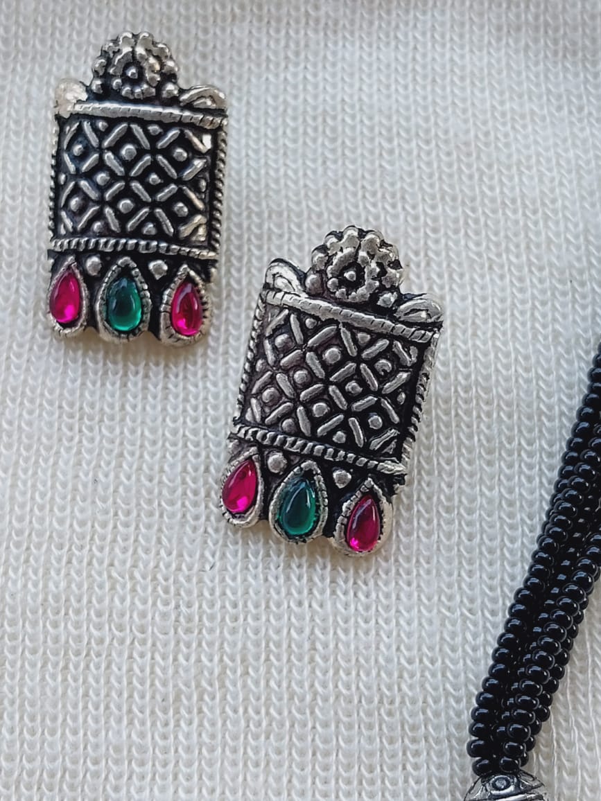 Ornate Oxidized Silver Mangalsutra Pendants with Vibrant Gemstones
