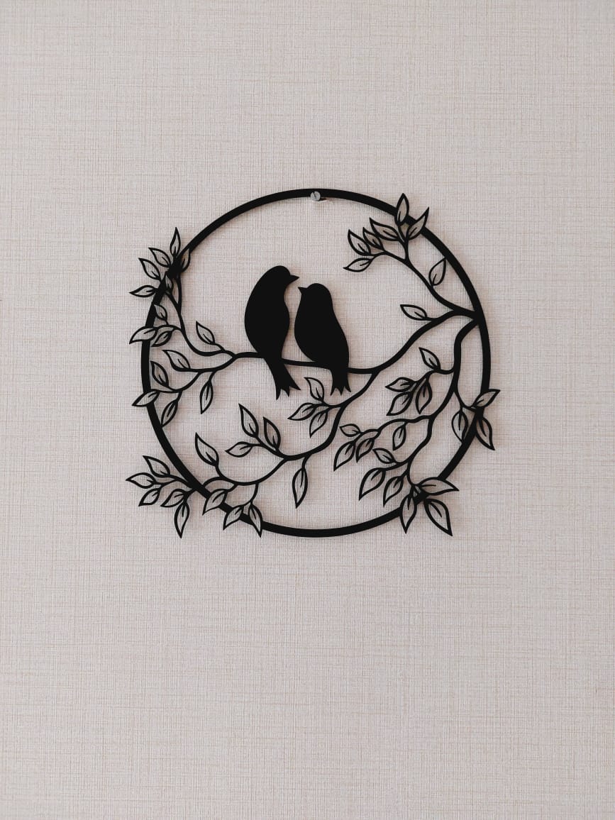 Beautiful Bird Mild Steel Wall Decor featuring two black birds perched on a circular frame adorned with leaf designs