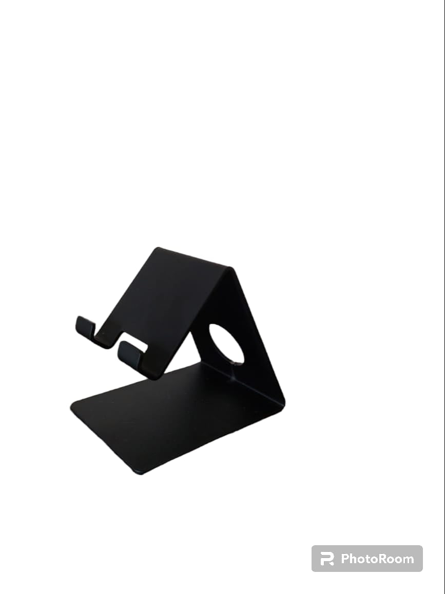 Sturdy black metal mobile phone stand on white background