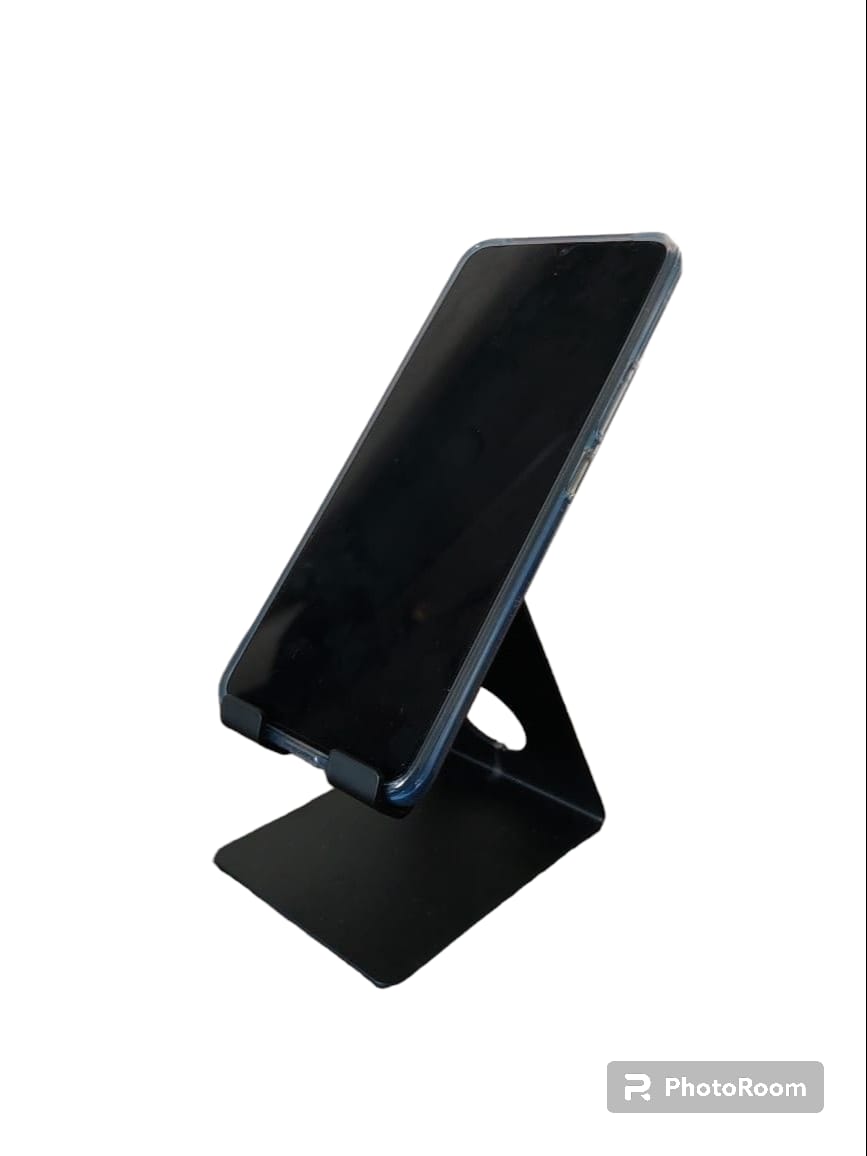 Sturdy Mobile Holder - Sleek black metal stand securely holds smartphone in place for hands-free viewing.