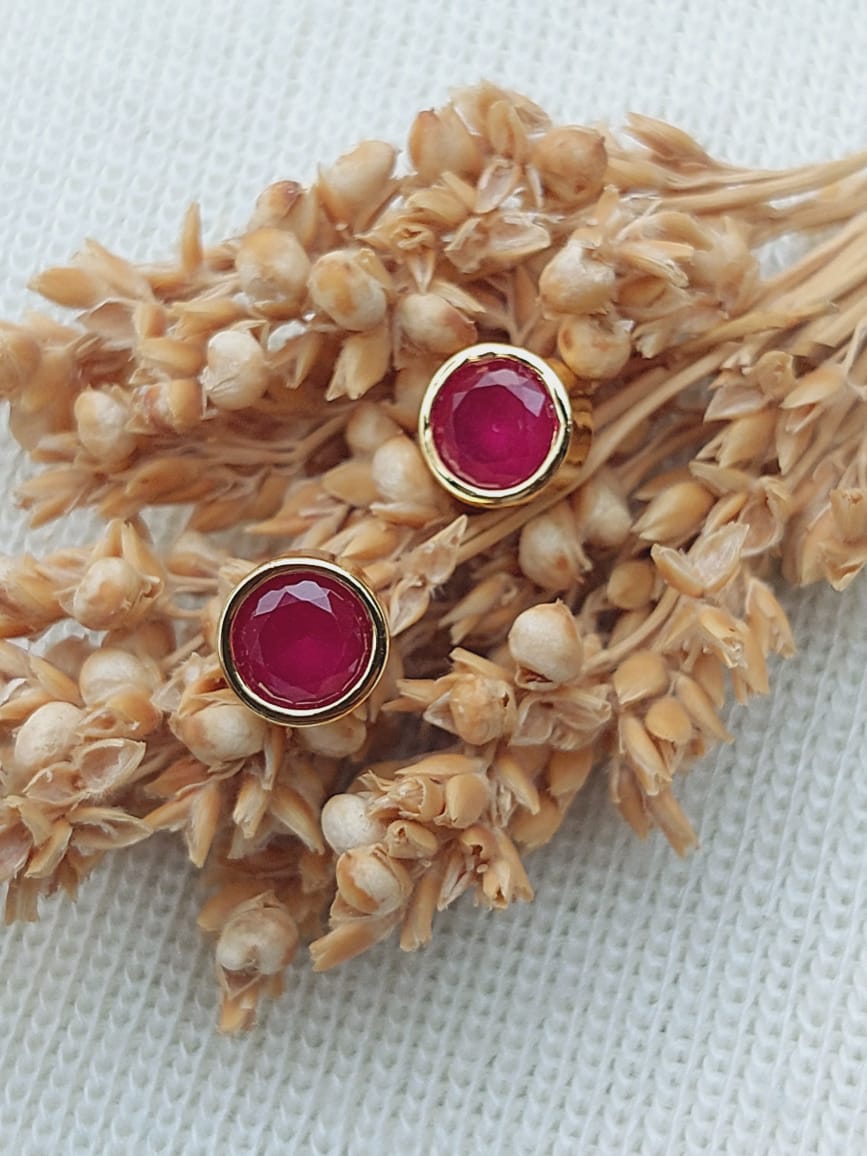 Elegant Ruby Stud Earrings - Pair of small, round ruby gems set in gold-toned studs resting atop a dried floral bouquet against a light blue background.