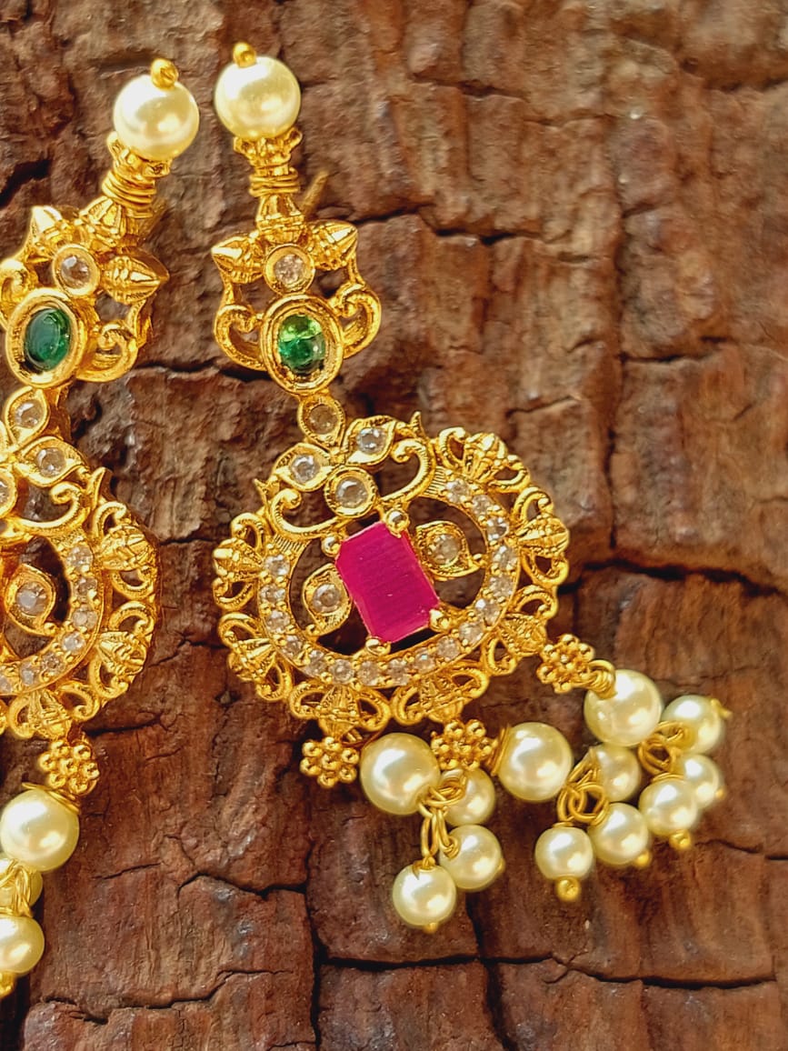 Ornate Gold-Toned Dangler Earrings with Gems and Pearls