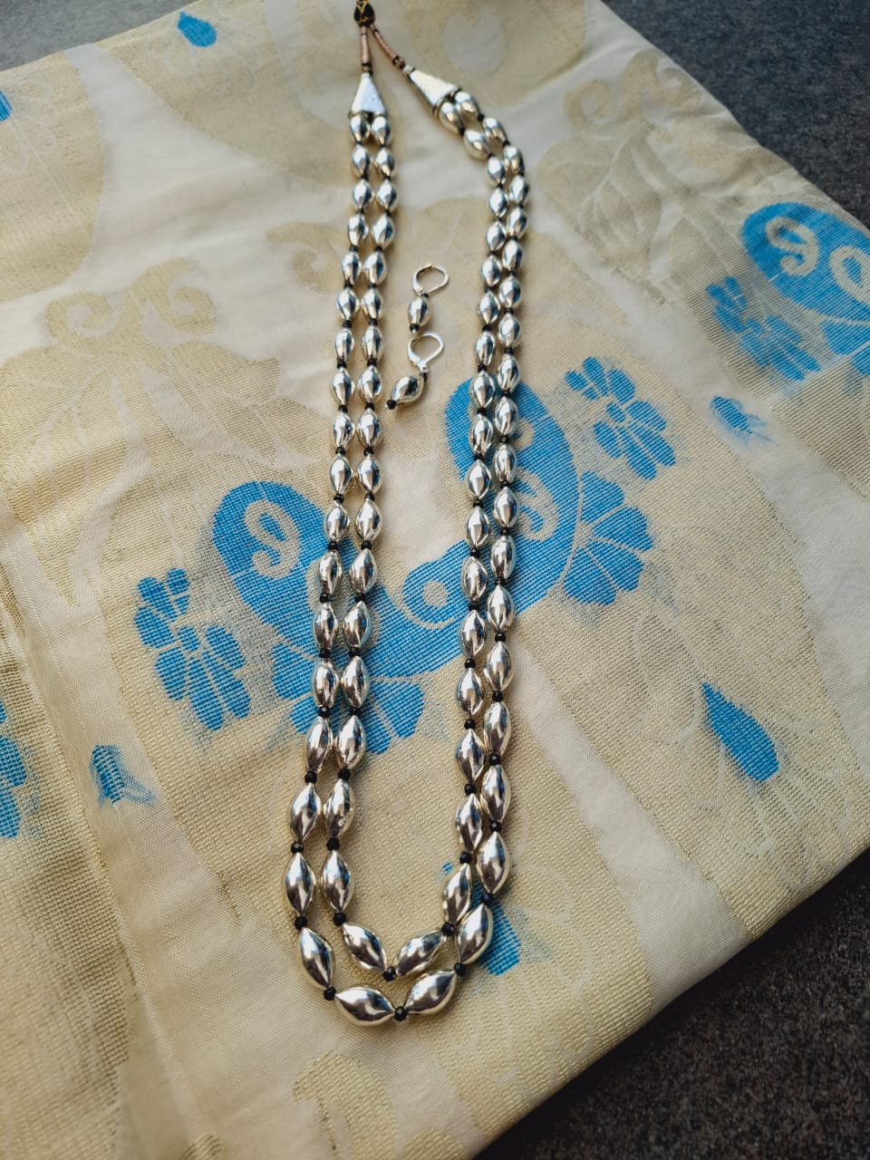 Oxidised Long Necklace with Dholki Beads, Intricate Metalwork, Elegant Accessory